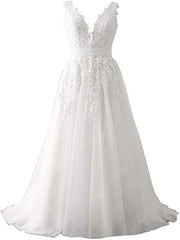 Abaowedding Women's Wedding Dress for Bride Lace Applique Evening Dress V Neck Straps Ball Gowns