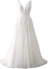 Abaowedding Women's Wedding Dress for Bride Lace Applique Evening Dress V Neck Straps Ball Gowns
