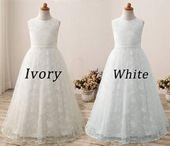 A line Wedding Pageant Lace Flower Girl Dress with Belt 2-12 Year Old
