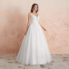 Abaowedding Women's Wedding Dress for Bride Lace Applique Evening Dress V Neck Straps Ball Gowns