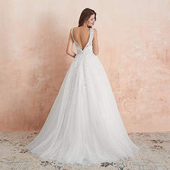 Abaowedding Women's Wedding Dress for Bride Lace Applique Evening Dress V Neck Straps Ball Gowns