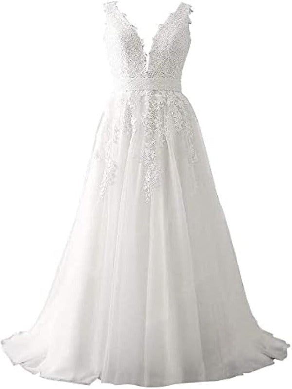 Abaowedding Women's Wedding Dress for Bride Lace Applique Evening Dress V Neck Straps Ball Gowns