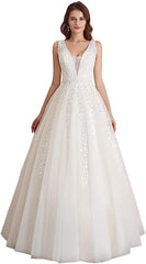 Abaowedding Women's Wedding Dress for Bride Lace Applique Evening Dress V Neck Straps Ball Gowns