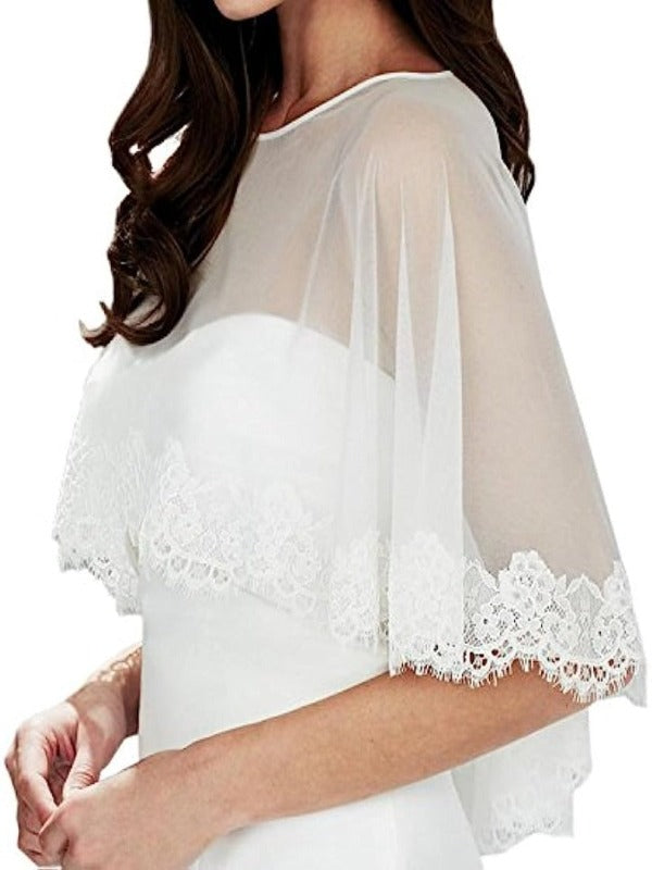 Abaowedding Women's Lace Embroidered Shrug Shawl Wrap Bolero Tulle Wedding Jacket for Bride