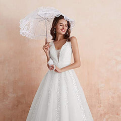 Abaowedding Women's Wedding Dress for Bride Lace Applique Evening Dress V Neck Straps Ball Gowns
