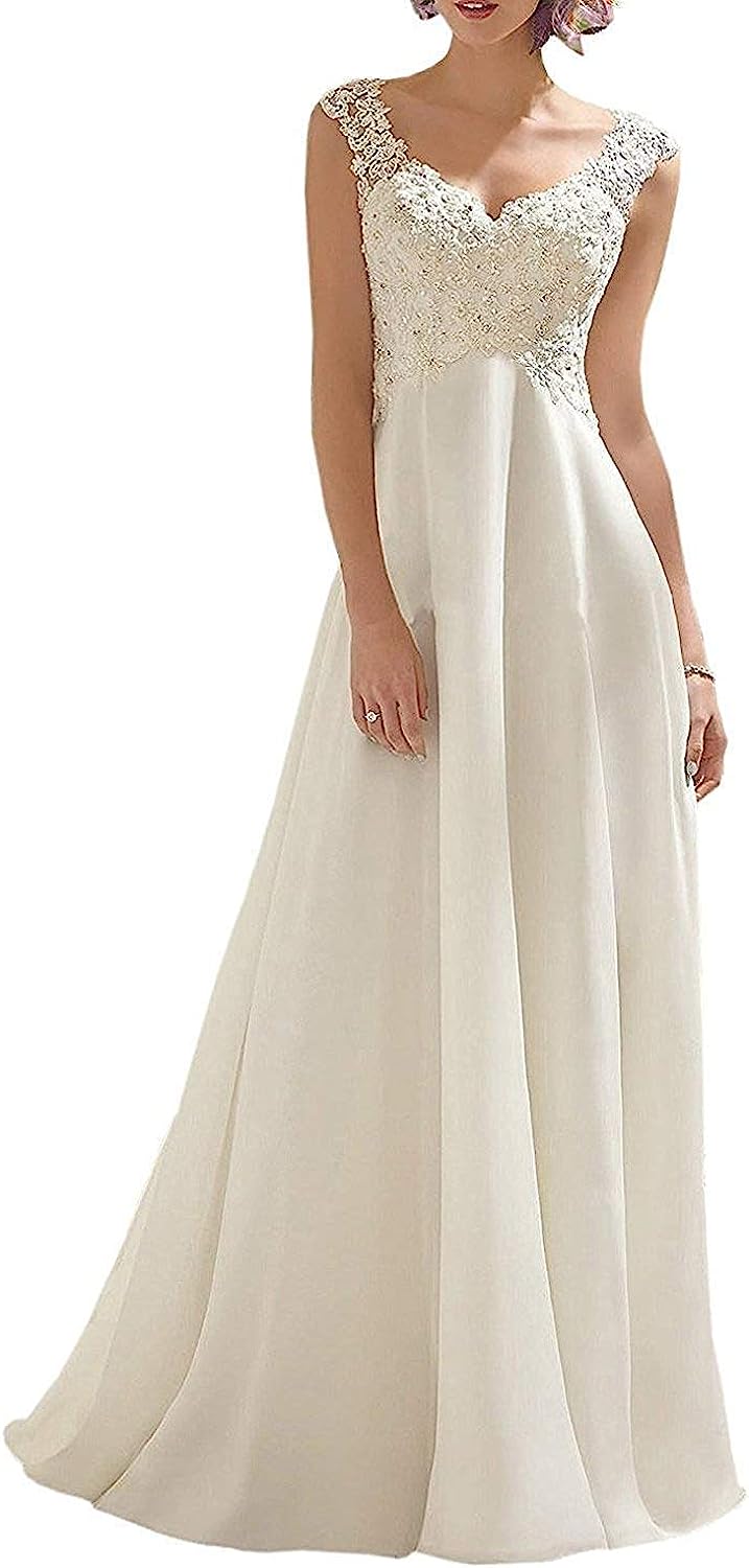 Abaowedding Women's Wedding Dress Lace Double V-Neck Sleeveless Evening Dress